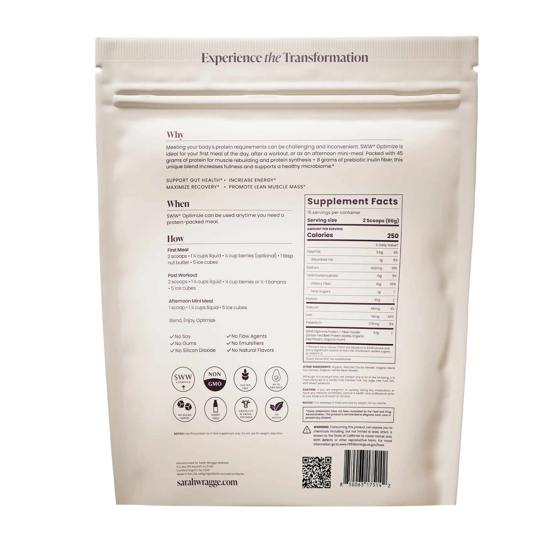 Sarah Wragge Wellness SWW® Optimize Protein & Fiber Powder
