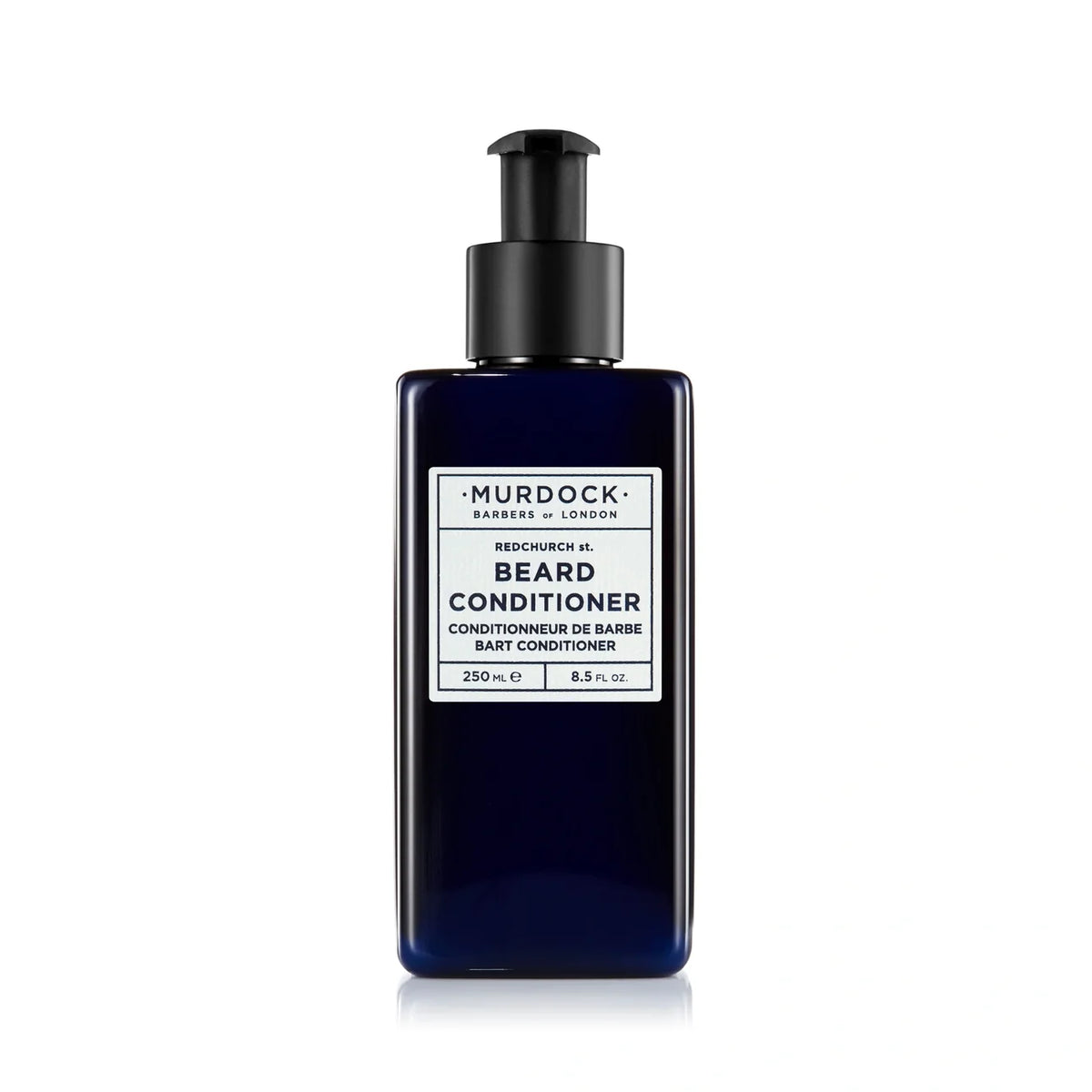 A dark navy blue bottle of Murdock Barbers London Beard Conditioner with a black pump dispenser and a white label, centered on a white background.