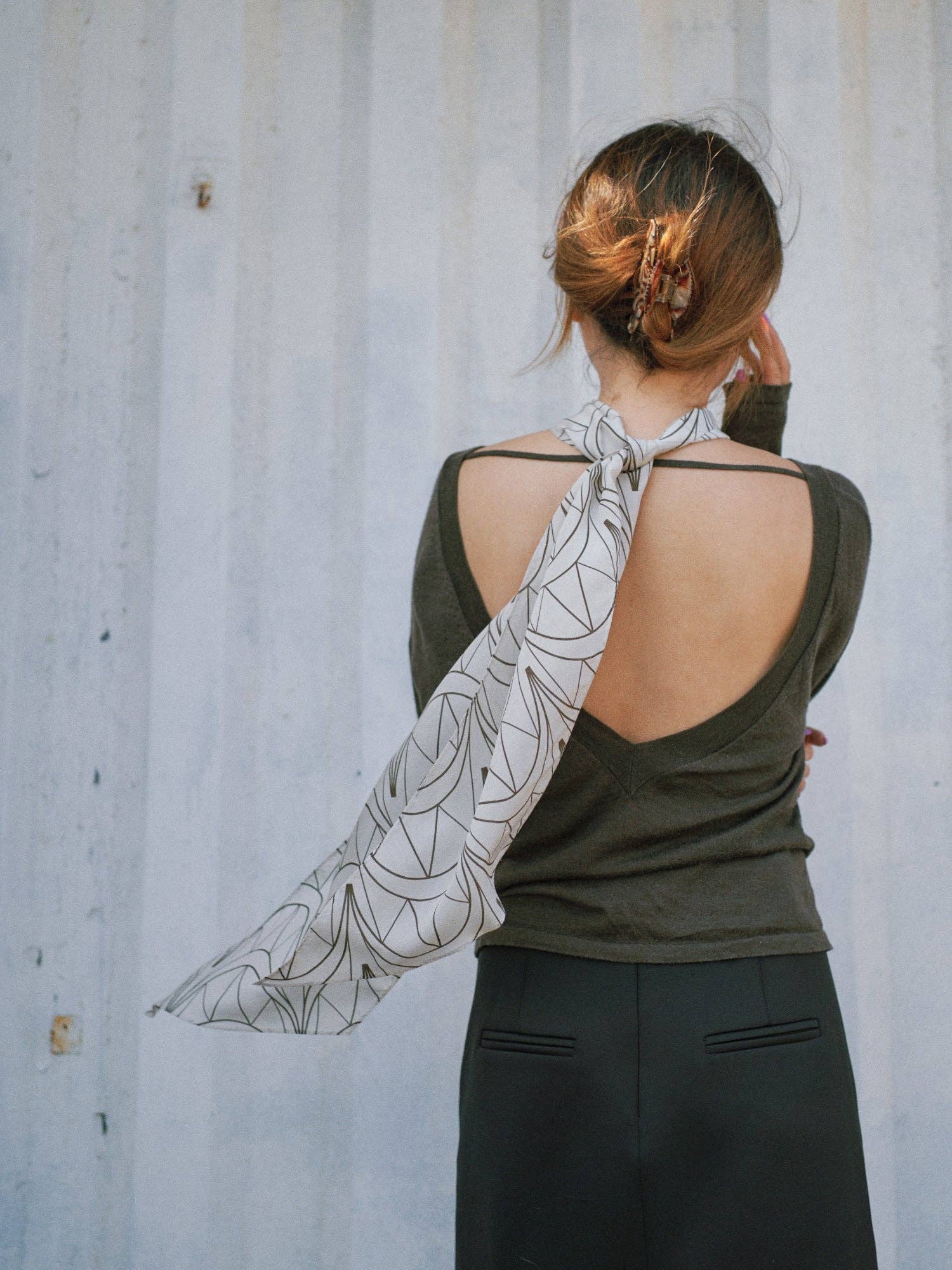 Lost Pattern NYC - "Chrysler" Silk Crepe Neck Scarf - Deco Ivory - The Look and Co