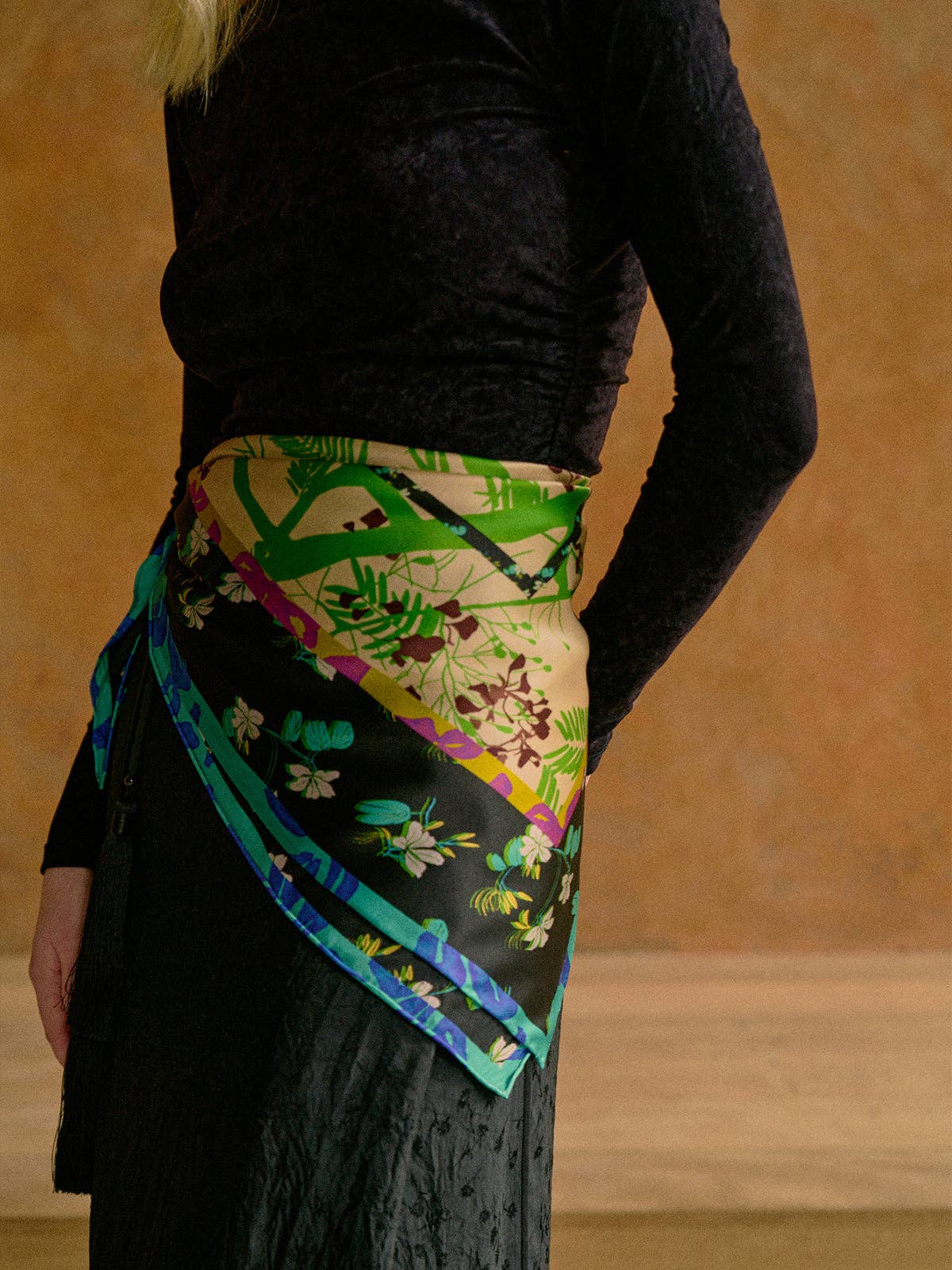 Lost Pattern NYC - "Floral Tapestry" Large Silk Scarf - Black - The Look and Co