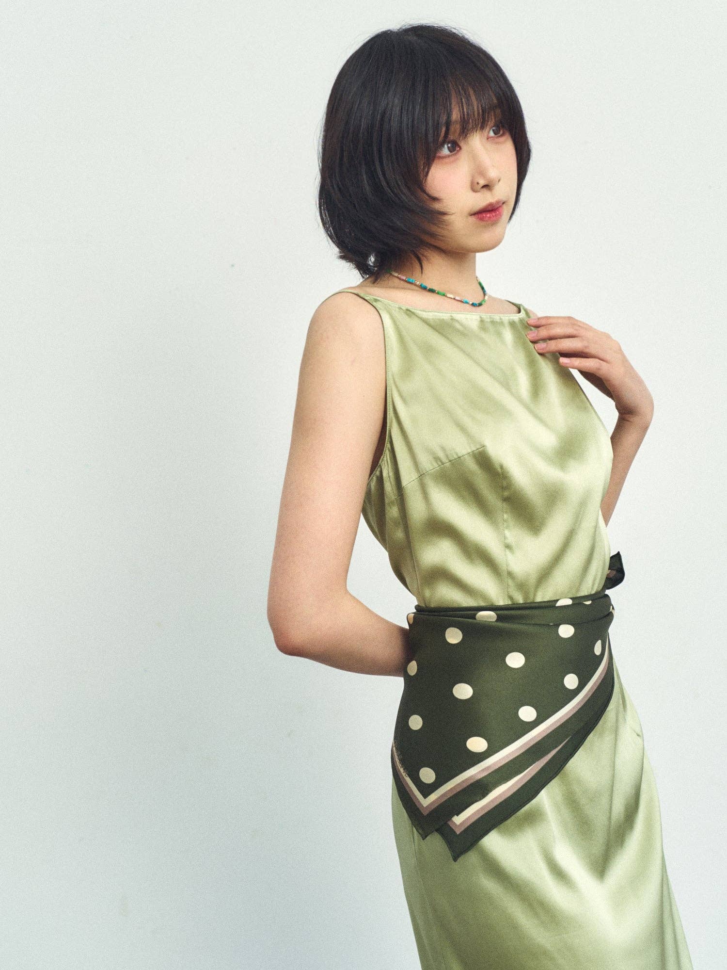 Lost Pattern NYC - "Retro Polka" Silk Bandana Scarf - Matcha - The Look and Co