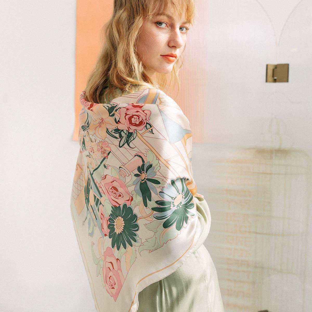 Lost Pattern NYC - "Vintage Blooms" Large Silk Square Scarf - Champagne - The Look and Co