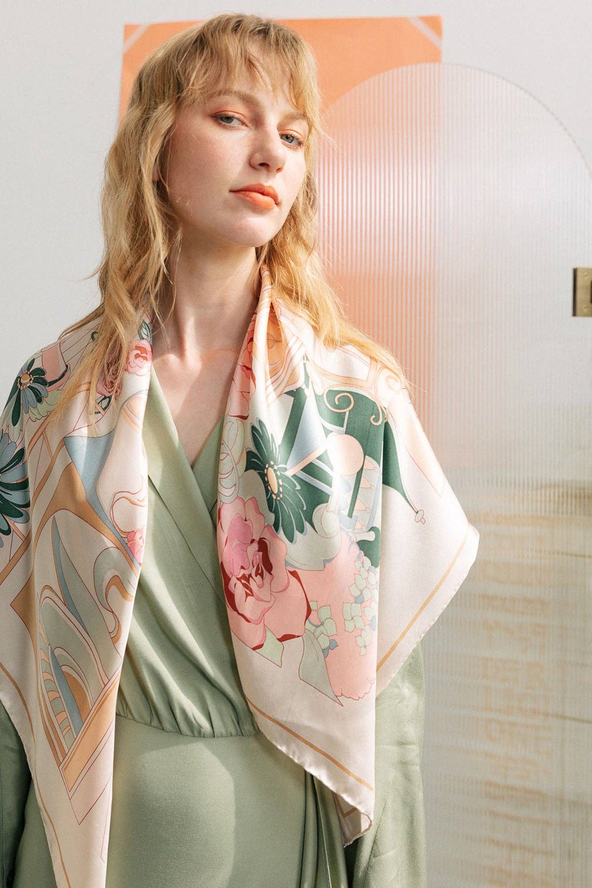 Lost Pattern NYC - "Vintage Blooms" Large Silk Square Scarf - Champagne - The Look and Co