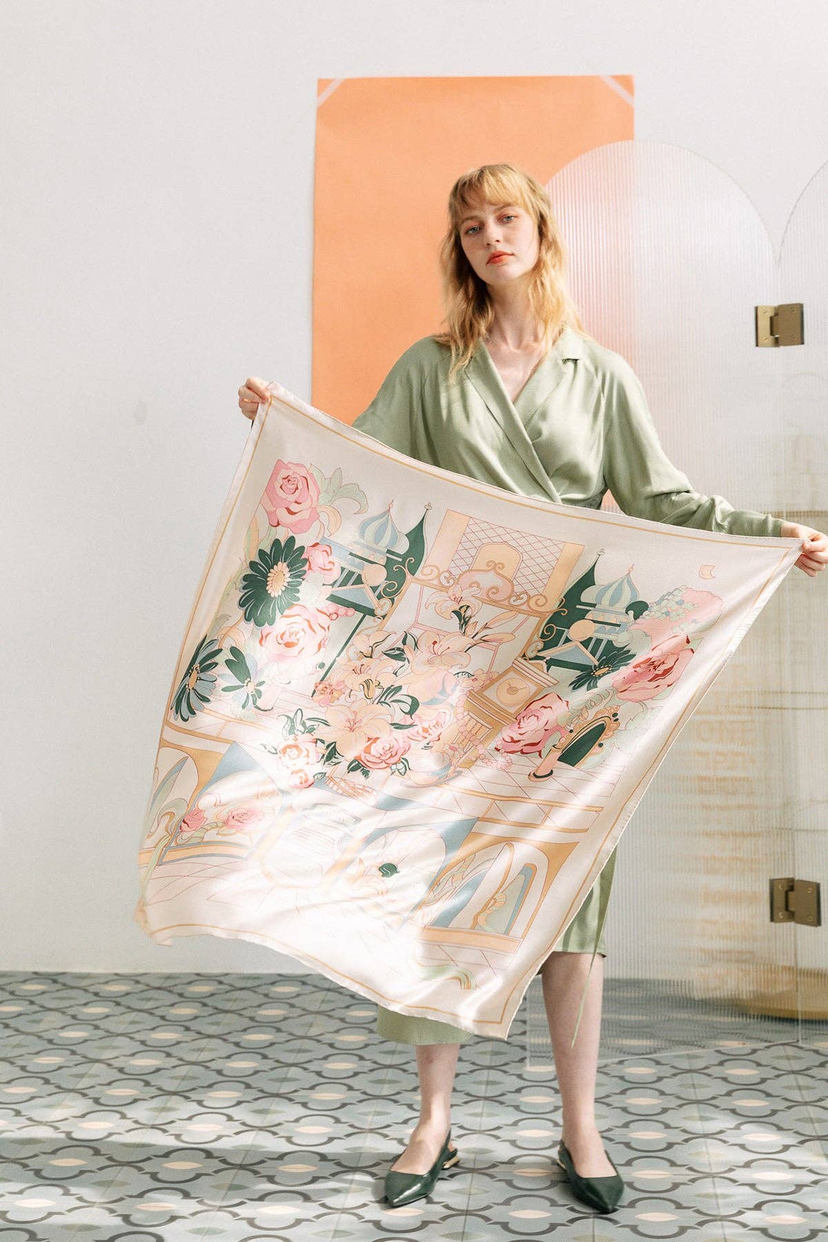 Lost Pattern NYC - "Vintage Blooms" Large Silk Square Scarf - Champagne - The Look and Co