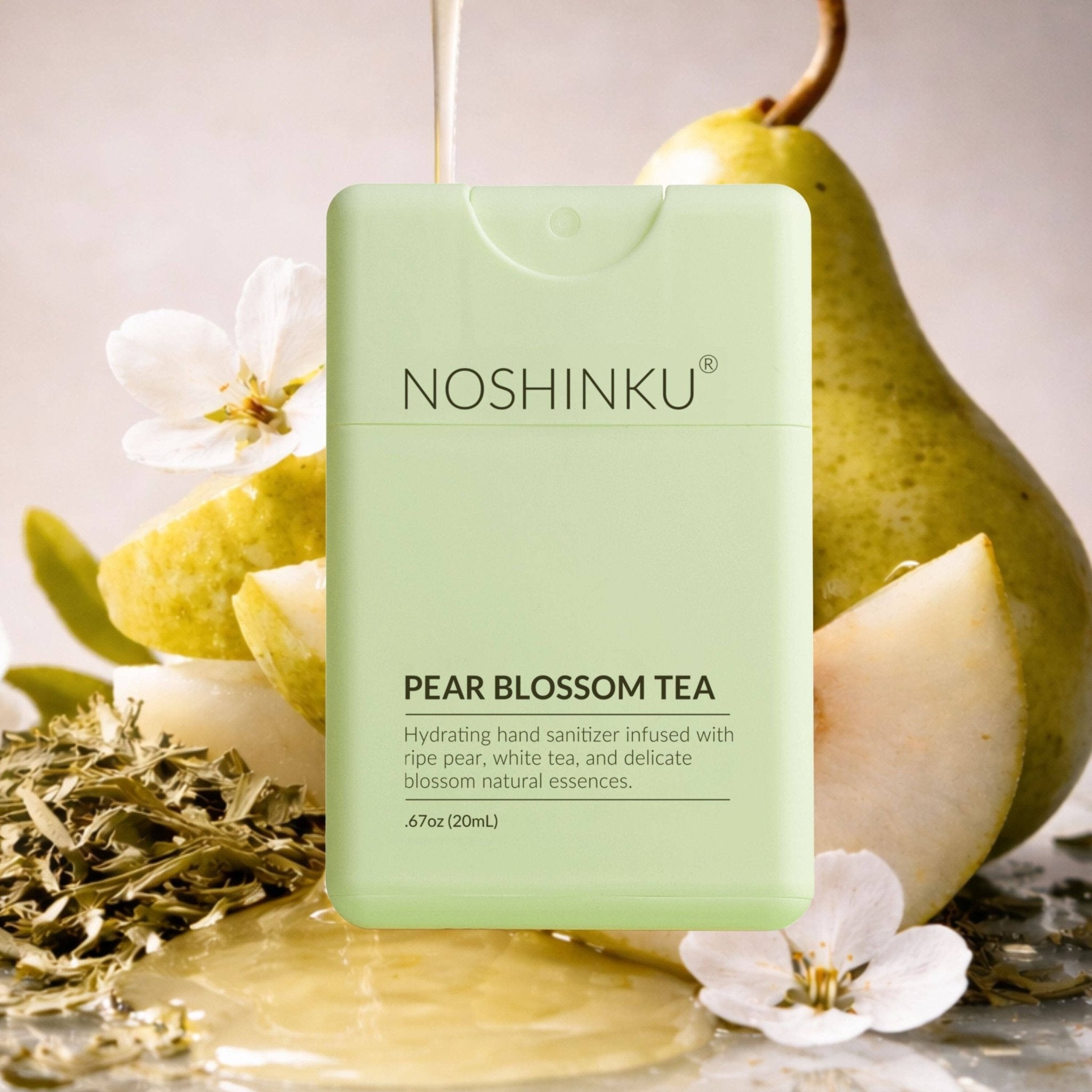 Noshinku - Refillable Pear Blossom Tea Hydrating Pocket Hand Sanitizer - The Look and Co