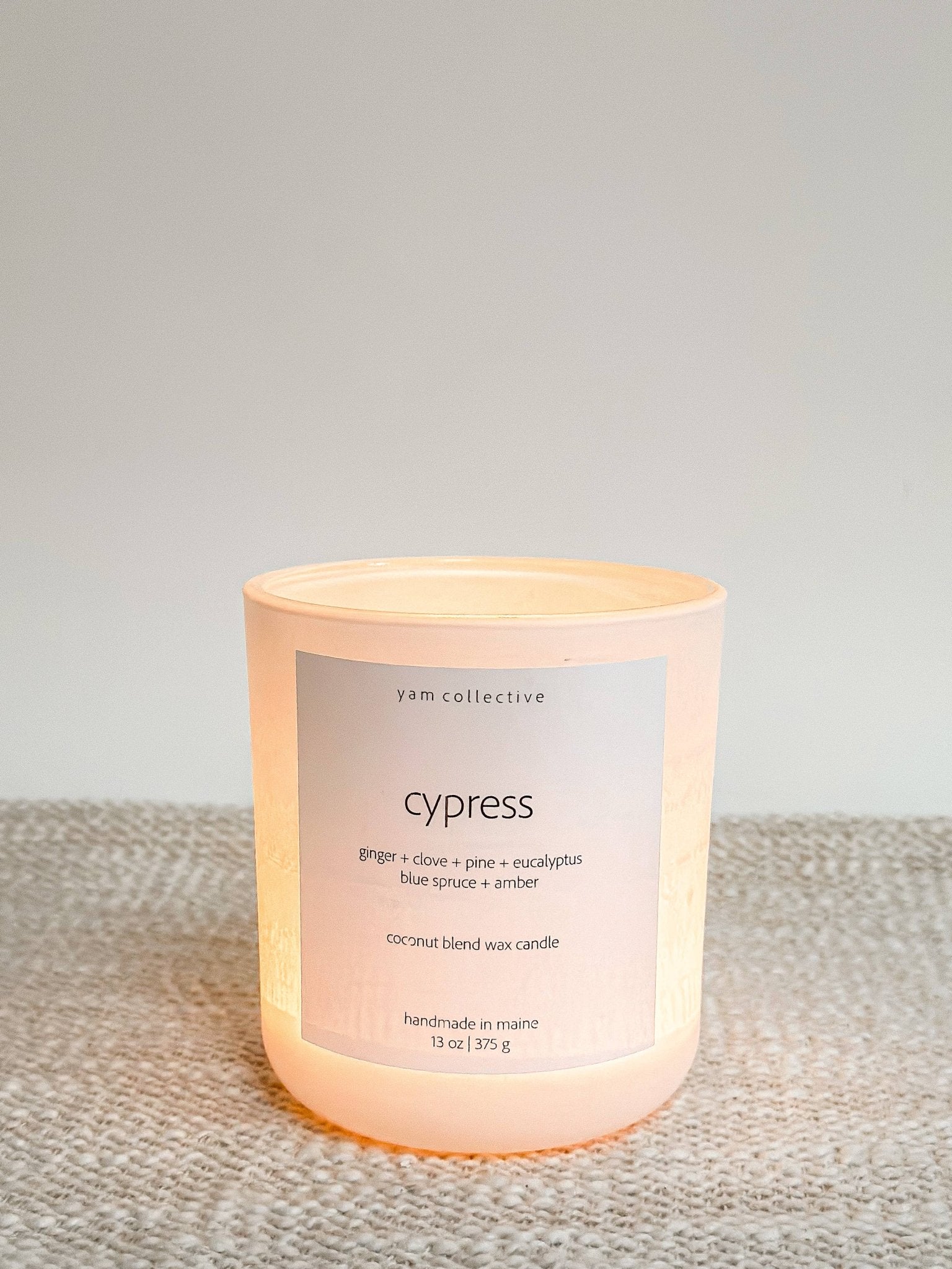 yam collective - Cypress - 13 oz Clove + Blue Spruce Matte White Glass Candle - The Look and Co