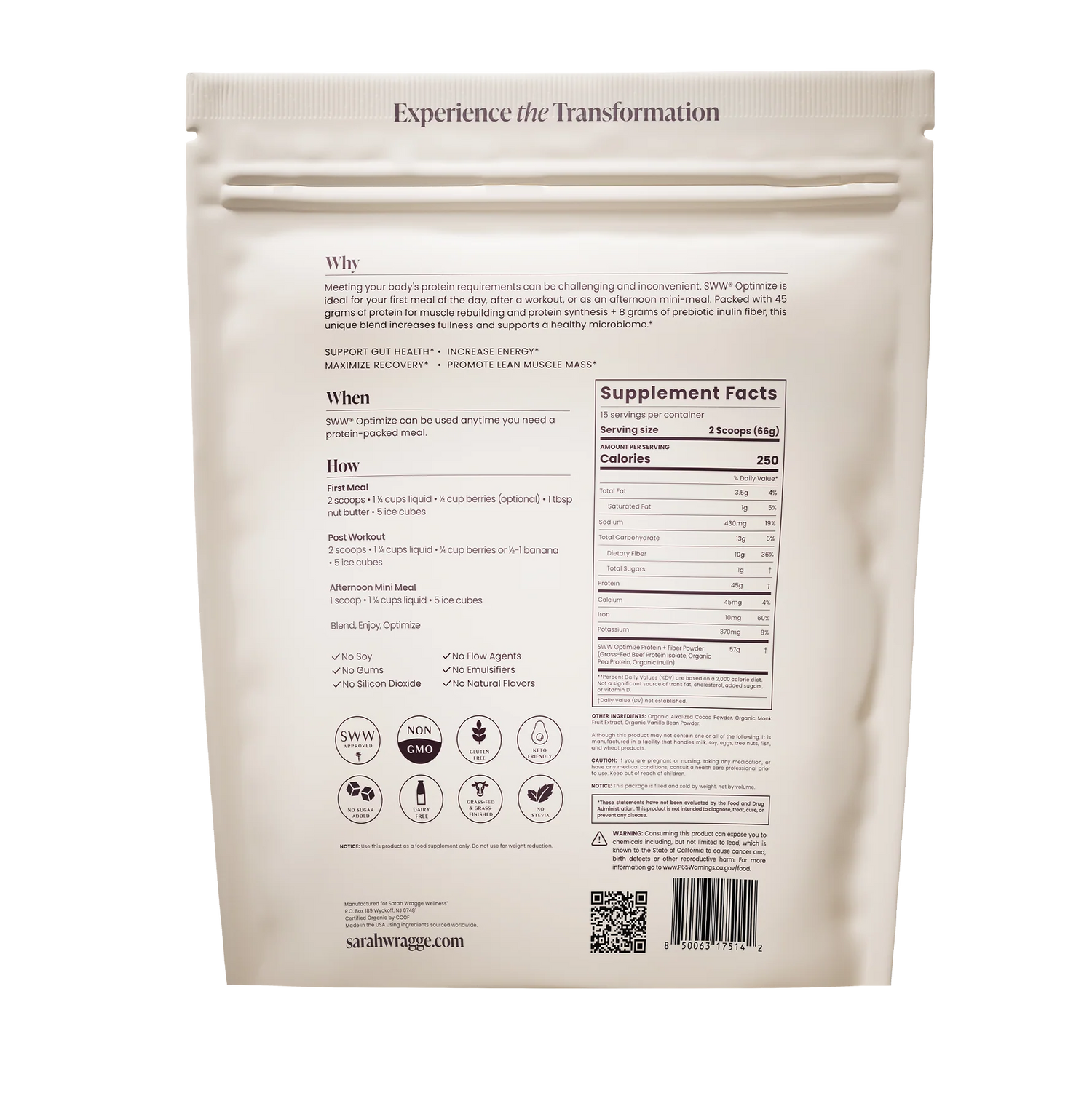 Sarah Wragge Wellness SWW® Optimize Protein &amp; Fiber Powder