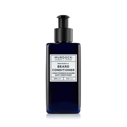 A dark navy blue bottle of Murdock Barbers London Beard Conditioner with a black pump dispenser and a white label, centered on a white background.