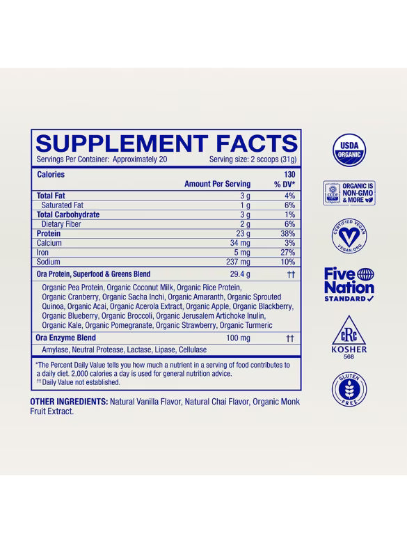 Ora So Lean &amp; So Clean: Vanilla Chai Plant Protein Powder