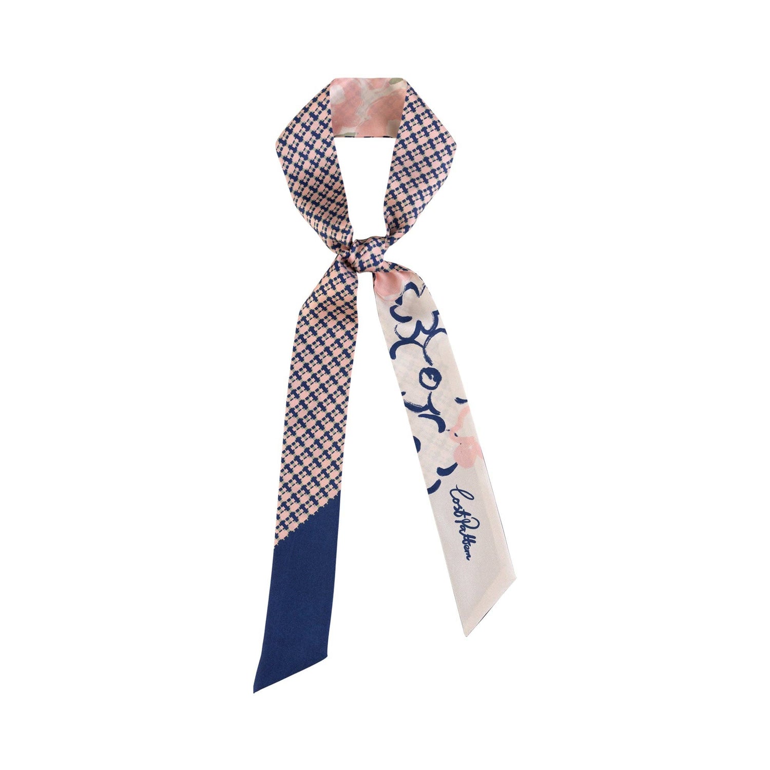 Lost Pattern NYC - &quot;Floral Houndstooth&quot; Silk Skinny Scarf - Blue - The Look and Co