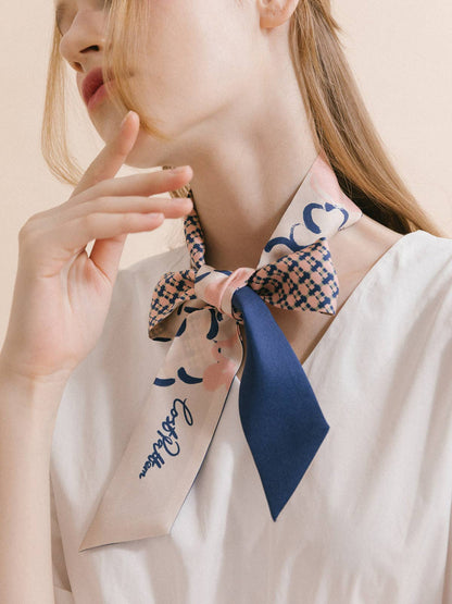 Lost Pattern NYC - &quot;Floral Houndstooth&quot; Silk Skinny Scarf - Blue - The Look and Co
