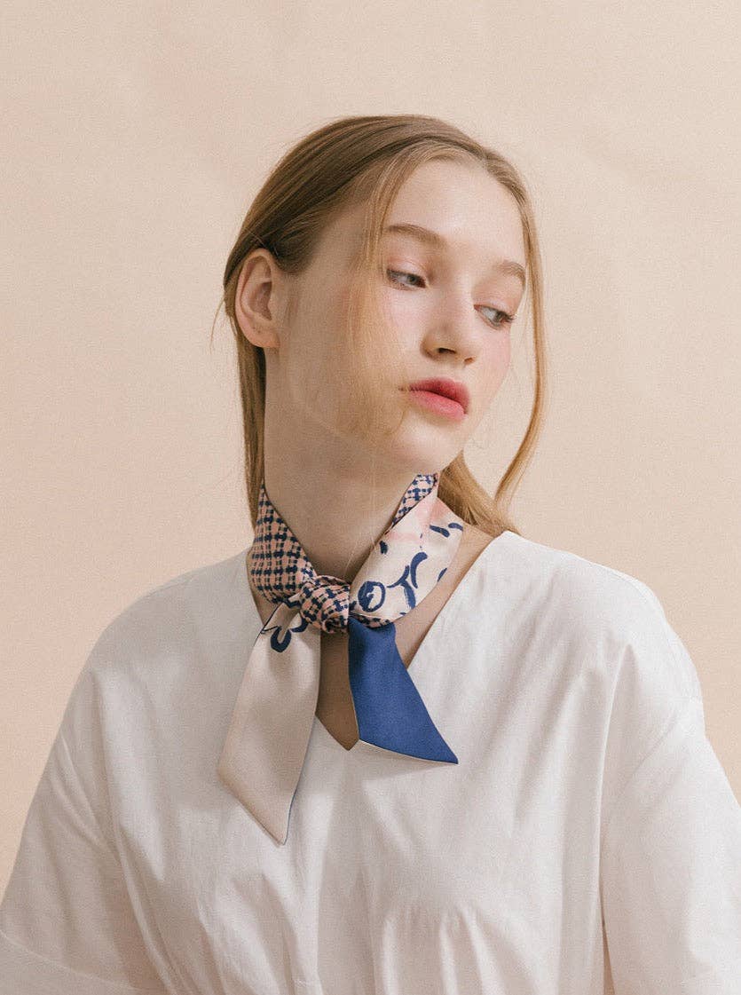 Lost Pattern NYC - &quot;Floral Houndstooth&quot; Silk Skinny Scarf - Blue - The Look and Co