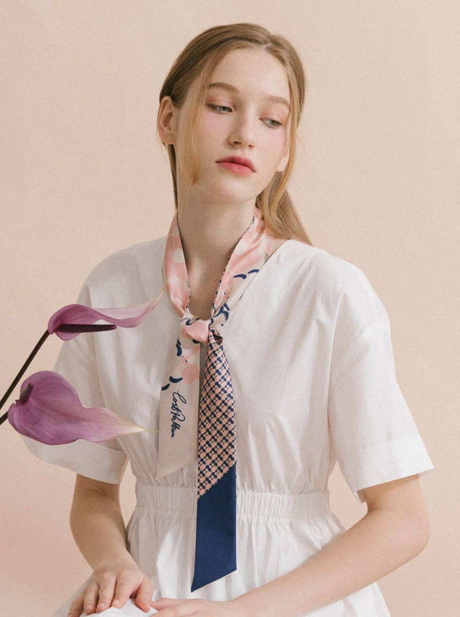 Lost Pattern NYC - &quot;Floral Houndstooth&quot; Silk Skinny Scarf - Blue - The Look and Co
