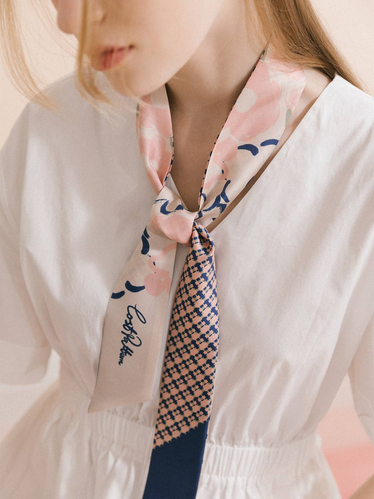 Lost Pattern NYC - &quot;Floral Houndstooth&quot; Silk Skinny Scarf - Blue - The Look and Co