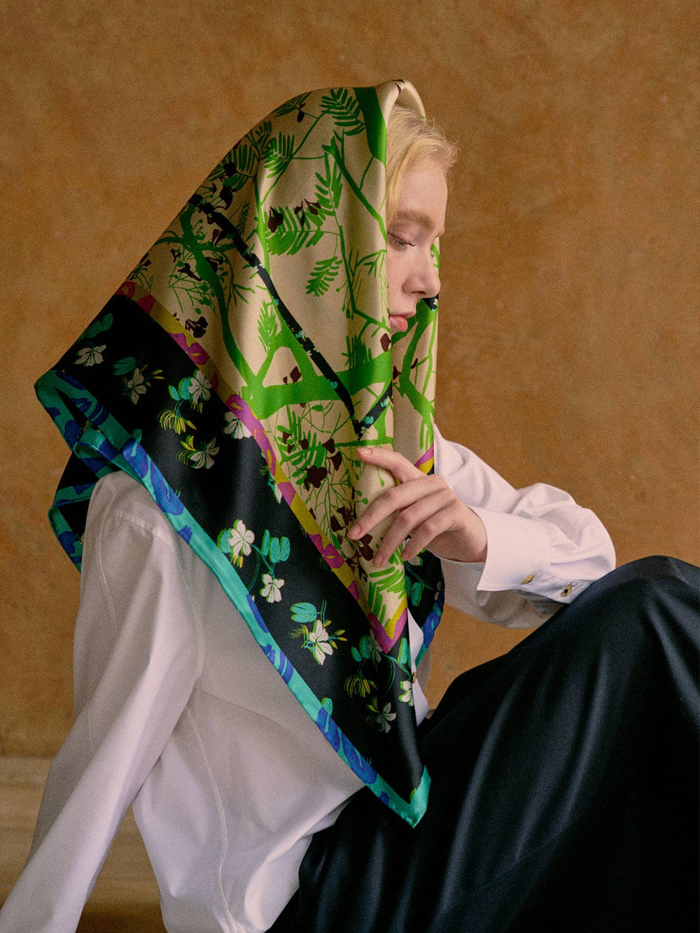 Lost Pattern NYC - "Floral Tapestry" Large Silk Scarf - Black - The Look and Co