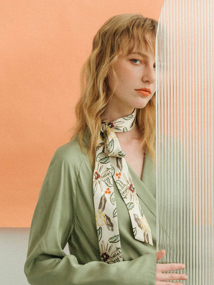 Lost Pattern NYC - &quot;Forest Charm&quot; Silk Skinny Scarf - Vanilla - The Look and Co