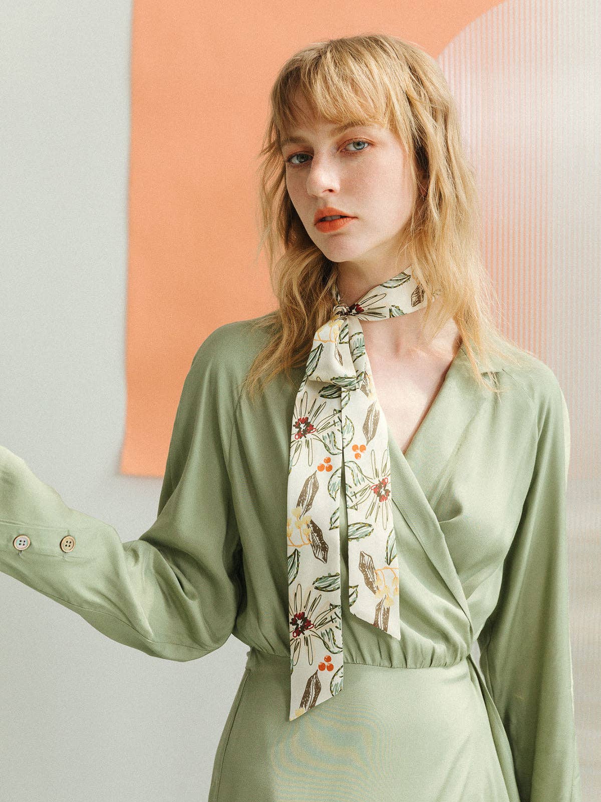 Lost Pattern NYC - &quot;Forest Charm&quot; Silk Skinny Scarf - Vanilla - The Look and Co