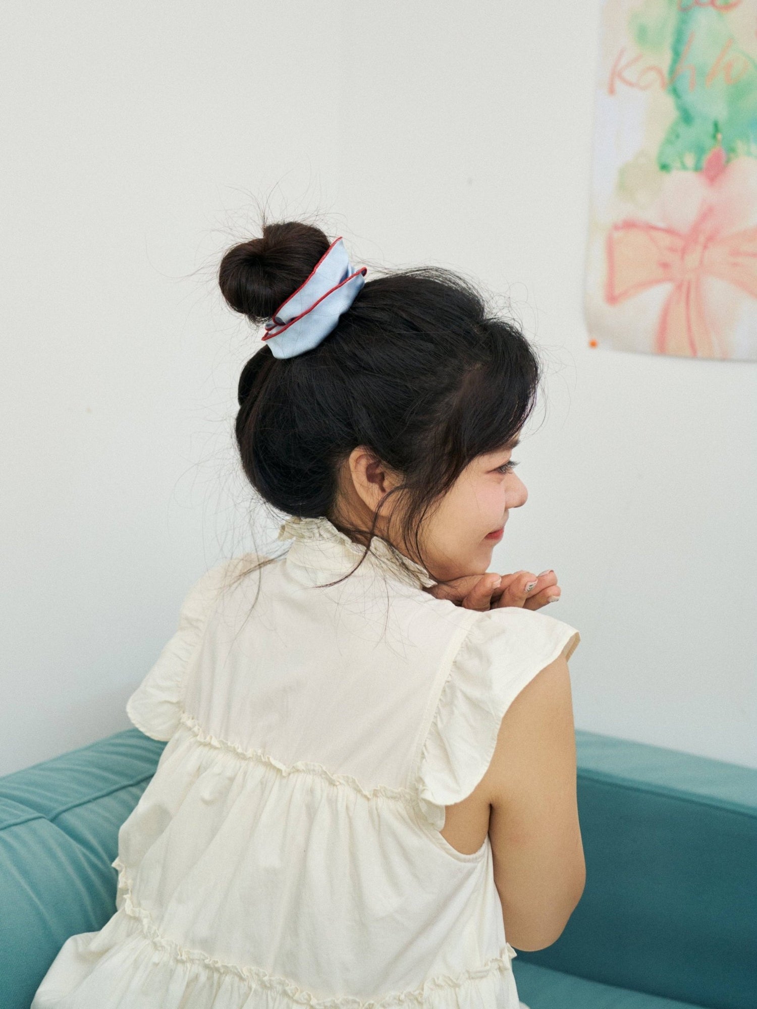 Lost Pattern NYC - &quot;Maxi Flower&quot; Double - Layer Oversized Silk Scrunchie - Pastel Blue - The Look and Co