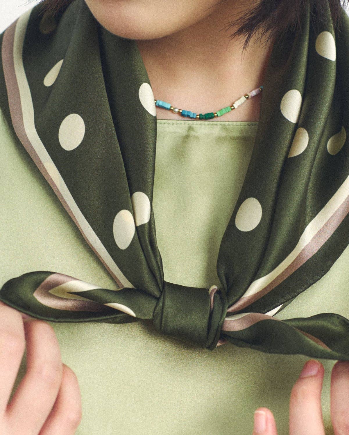 Lost Pattern NYC - &quot;Retro Polka&quot; Silk Bandana Scarf - Matcha - The Look and Co