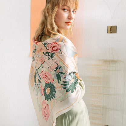 Lost Pattern NYC - &quot;Vintage Blooms&quot; Large Silk Square Scarf - Champagne - The Look and Co