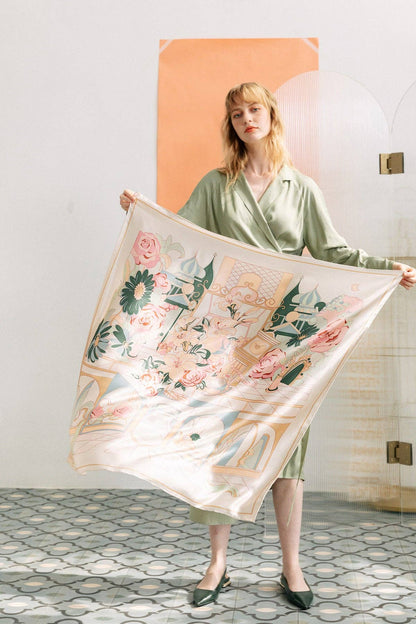 Lost Pattern NYC - &quot;Vintage Blooms&quot; Large Silk Square Scarf - Champagne - The Look and Co