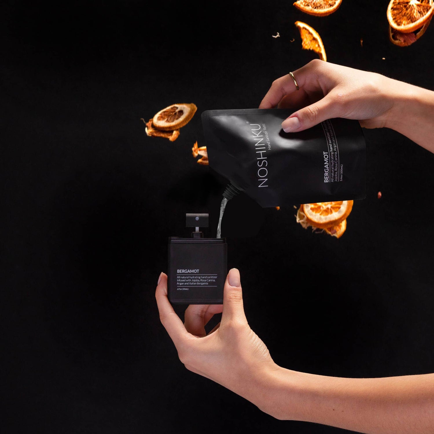 Noshinku - REFILLABLE Bergamot Ultra - Moisturizing Pocket Hand Sanitizer - The Look and Co