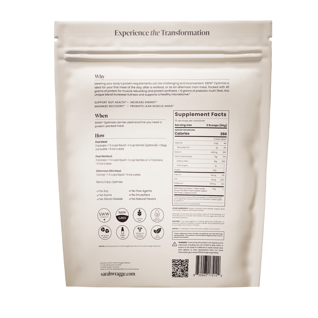 Sarah Wragge Wellness SWW® Optimize Protein &amp; Fiber Powder - The Look and Co