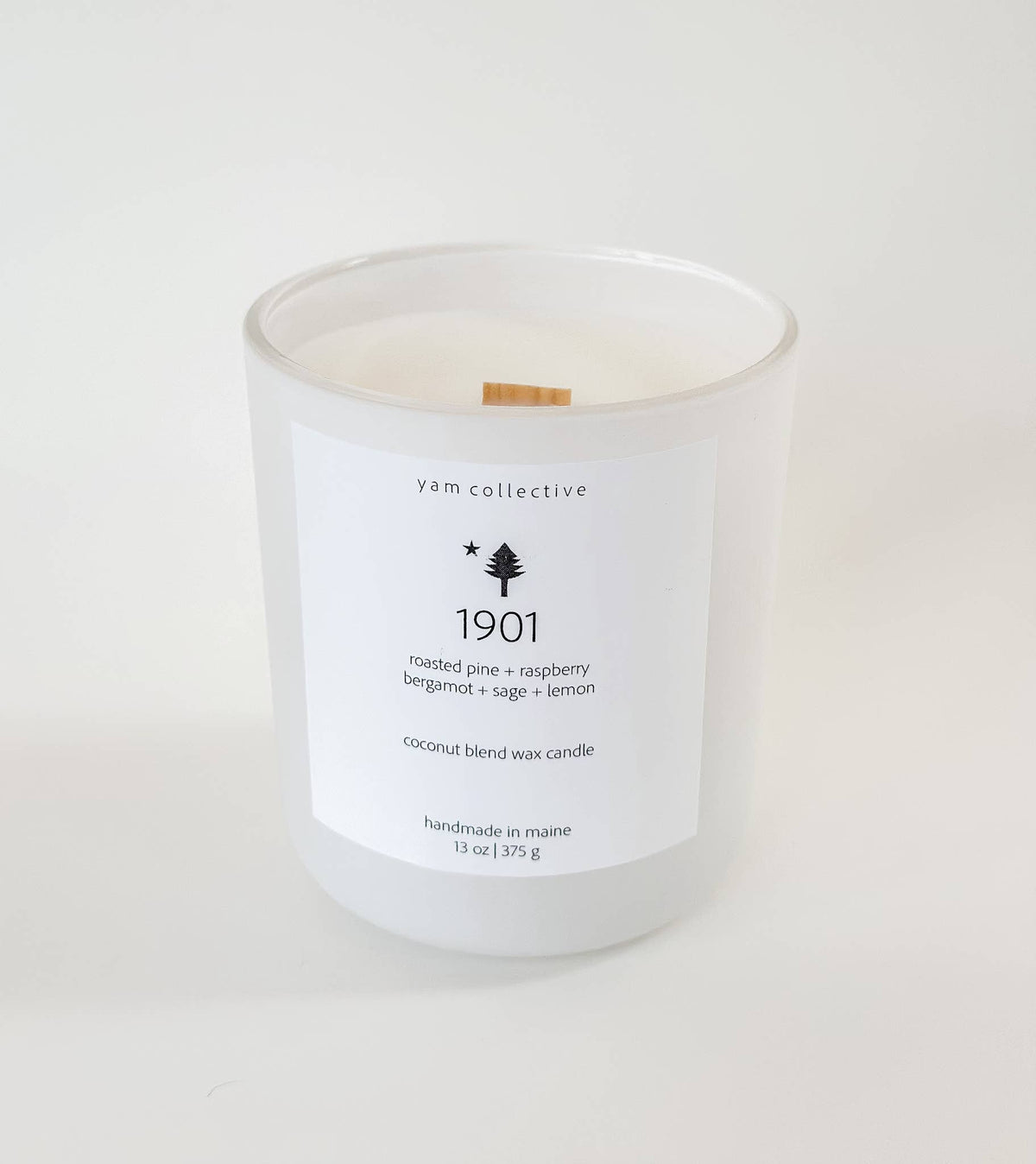 yam collective - 1901 - 13 oz Pine + Fig Leaf Matte White Glass Candle - The Look and Co