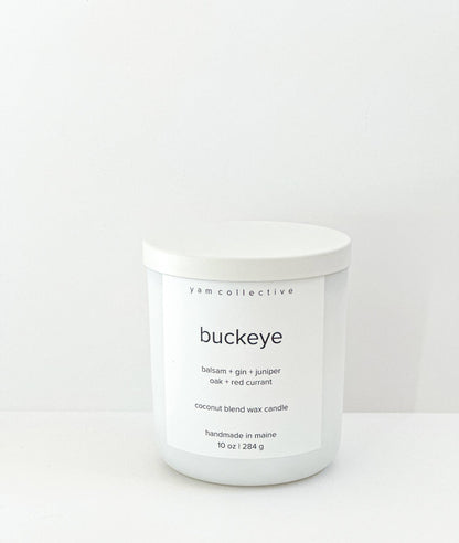 yam collective - Buckeye - 10 oz Juniper + Balsam Matte White Glass Candle - The Look and Co