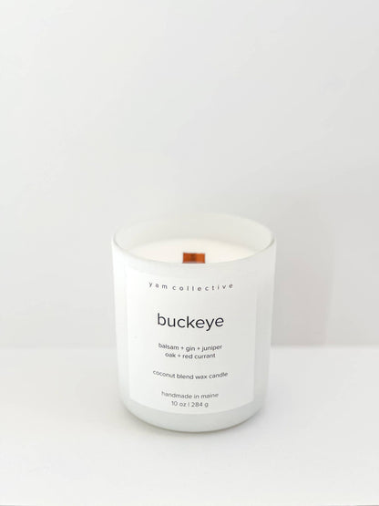 yam collective - Buckeye - 10 oz Juniper + Balsam Matte White Glass Candle - The Look and Co