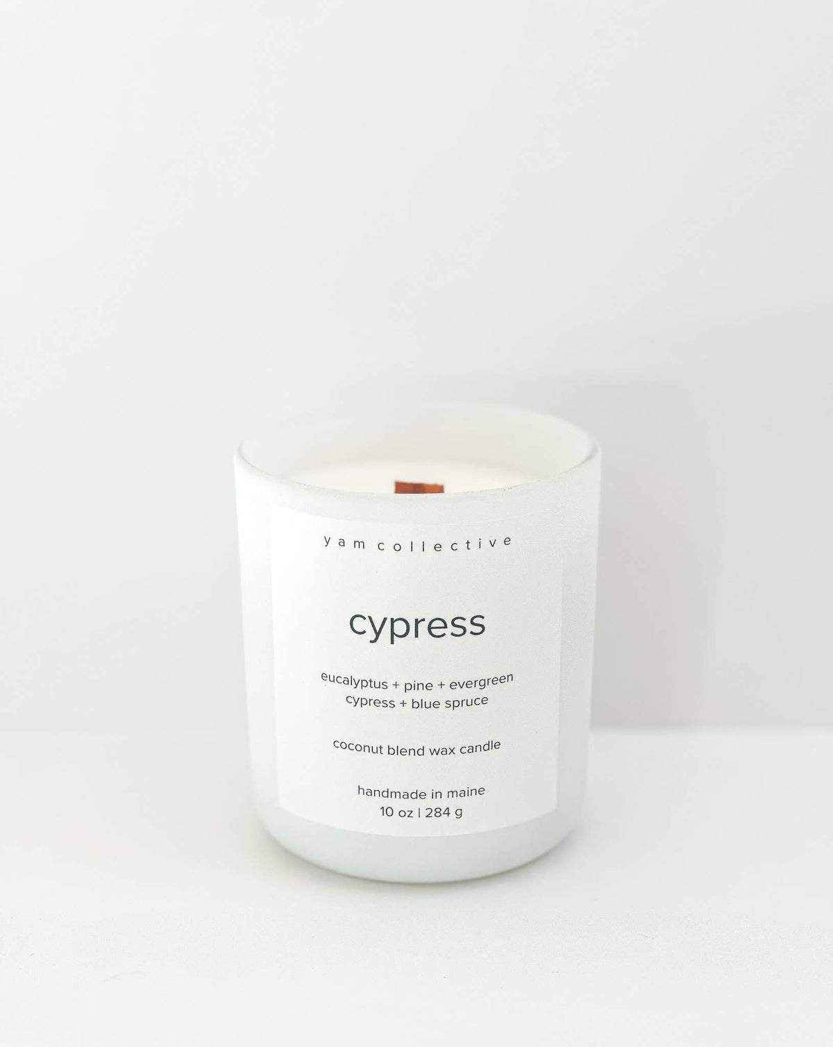 yam collective - Cypress - 10 oz eucalyptus + spruce Matte White Glass Candle - The Look and Co