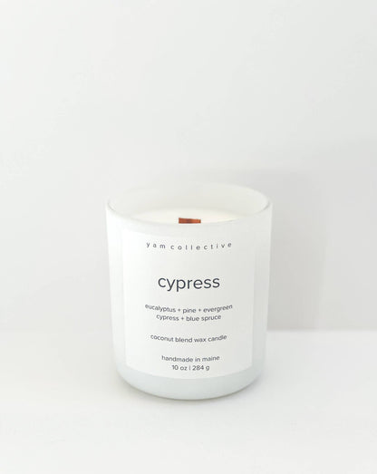 yam collective - Cypress - 10 oz eucalyptus + spruce Matte White Glass Candle - The Look and Co