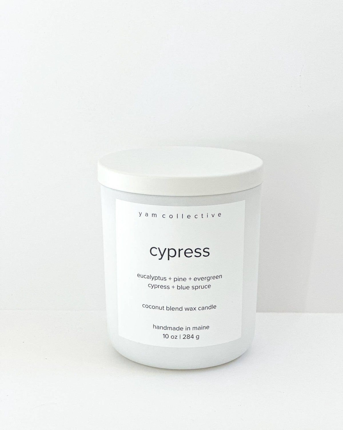 yam collective - Cypress - 10 oz eucalyptus + spruce Matte White Glass Candle - The Look and Co