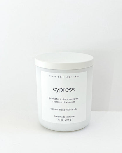 yam collective - Cypress - 10 oz eucalyptus + spruce Matte White Glass Candle - The Look and Co