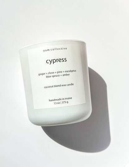 yam collective - Cypress - 13 oz Clove + Blue Spruce Matte White Glass Candle - The Look and Co