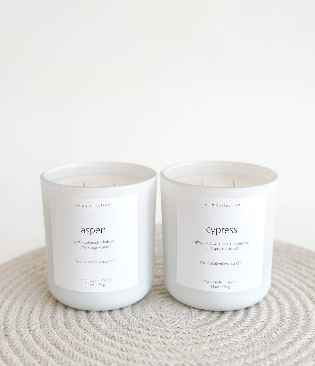 yam collective - Cypress - 13 oz Clove + Blue Spruce Matte White Glass Candle - The Look and Co