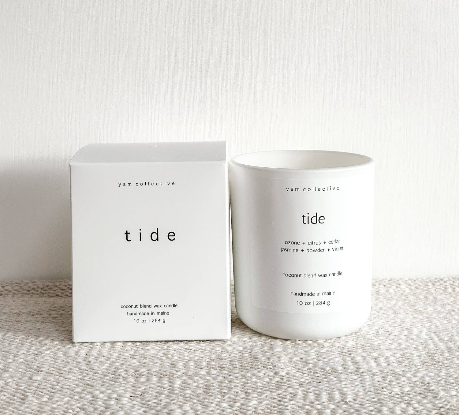 yam collective - Tide - 10 oz Cedar + Jasmine Matte White Glass Candle - The Look and Co