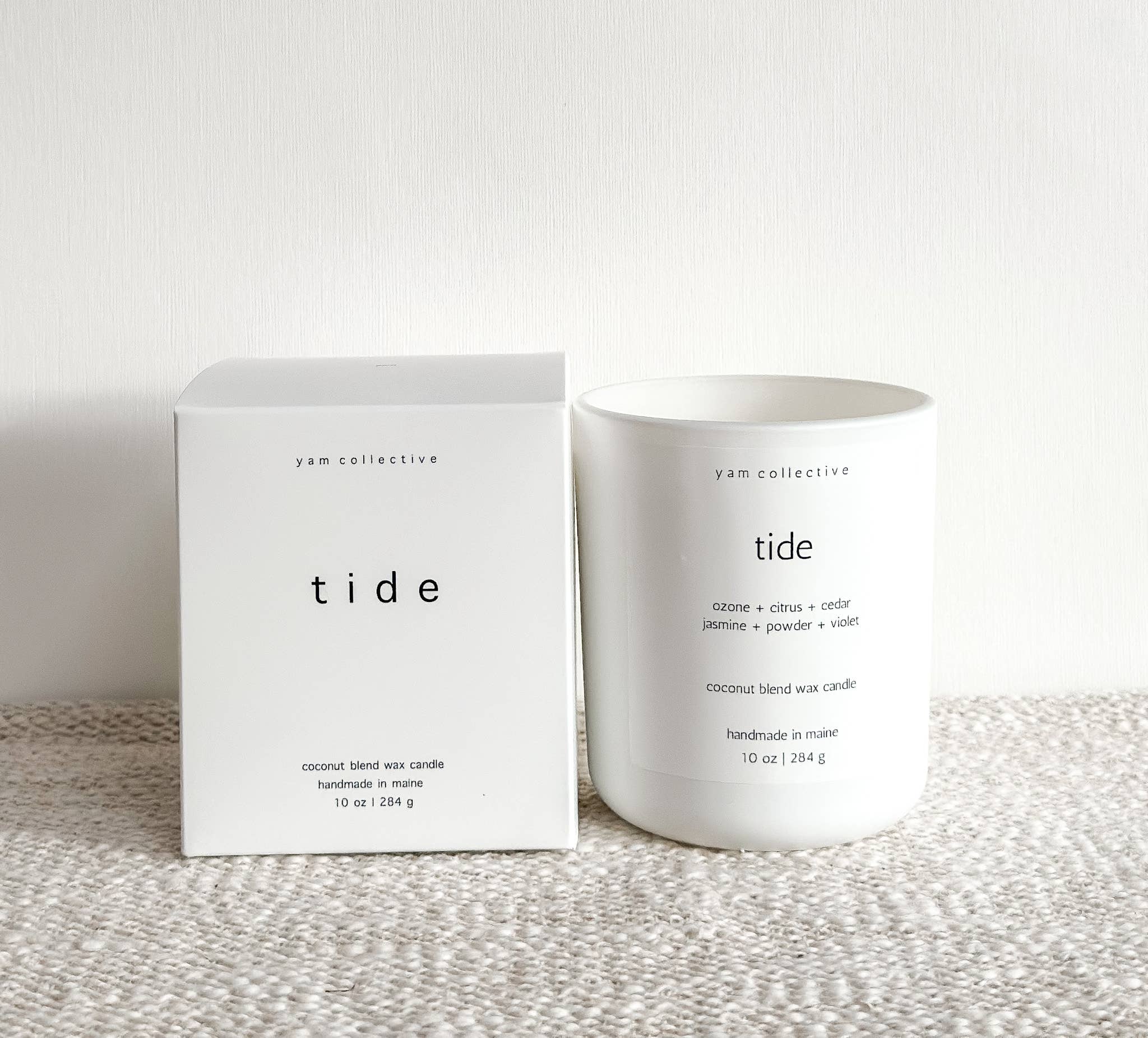 yam collective - Tide - 10 oz Cedar + Jasmine Matte White Glass Candle - The Look and Co
