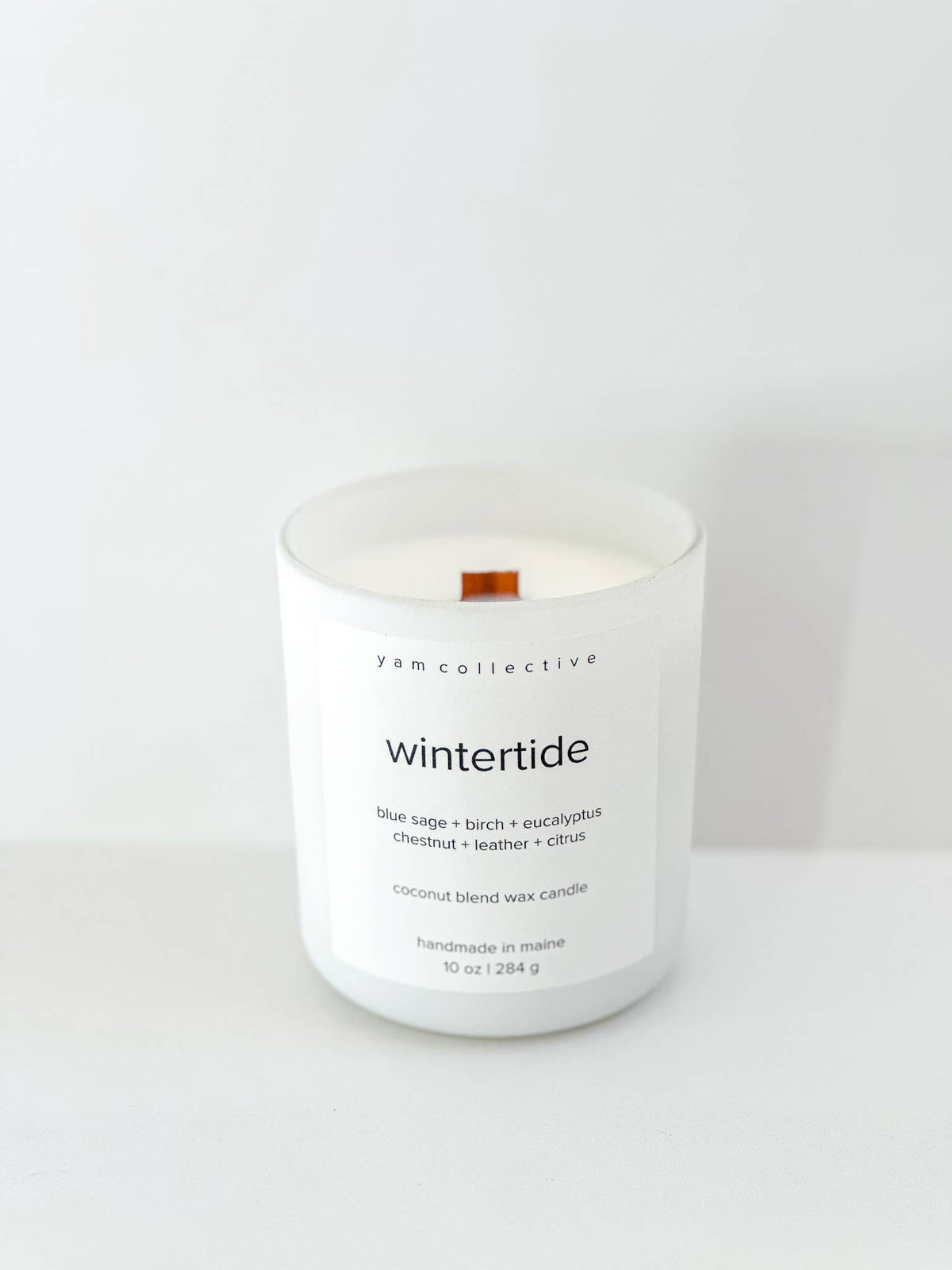yam collective - Wintertide - 10 oz birch + leather Matte White Glass Candle - The Look and Co