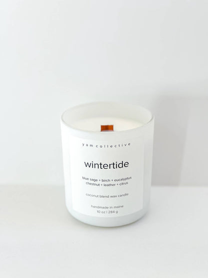 yam collective - Wintertide - 10 oz birch + leather Matte White Glass Candle - The Look and Co