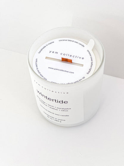 yam collective - Wintertide - 10 oz birch + leather Matte White Glass Candle - The Look and Co