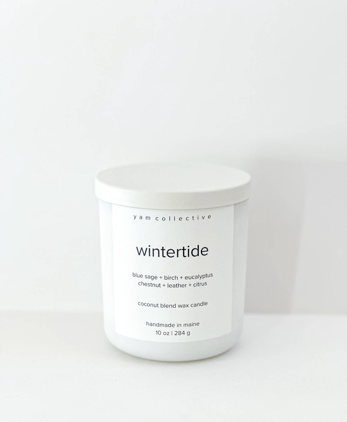 yam collective - Wintertide - 10 oz birch + leather Matte White Glass Candle - The Look and Co
