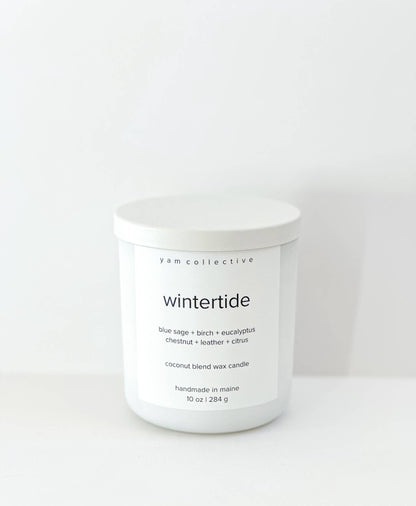 yam collective - Wintertide - 10 oz birch + leather Matte White Glass Candle - The Look and Co